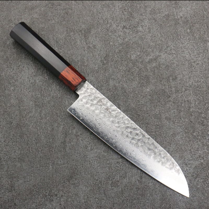 Seisuke Santoku 180 mm VG10 33 Lag Damascus Hammered